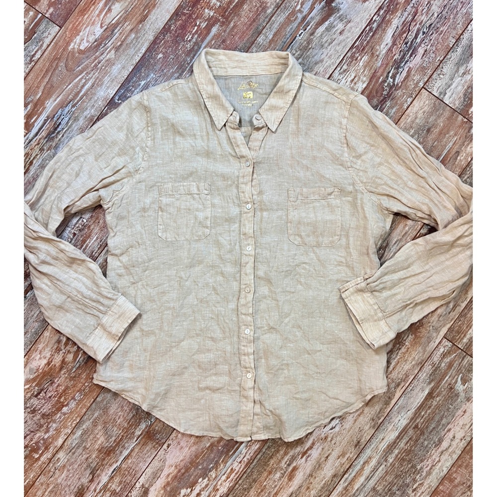 Lilly Pulitzer XL 100% Linen Button Front Shirt‎ Beige Long Sleeve Coastal